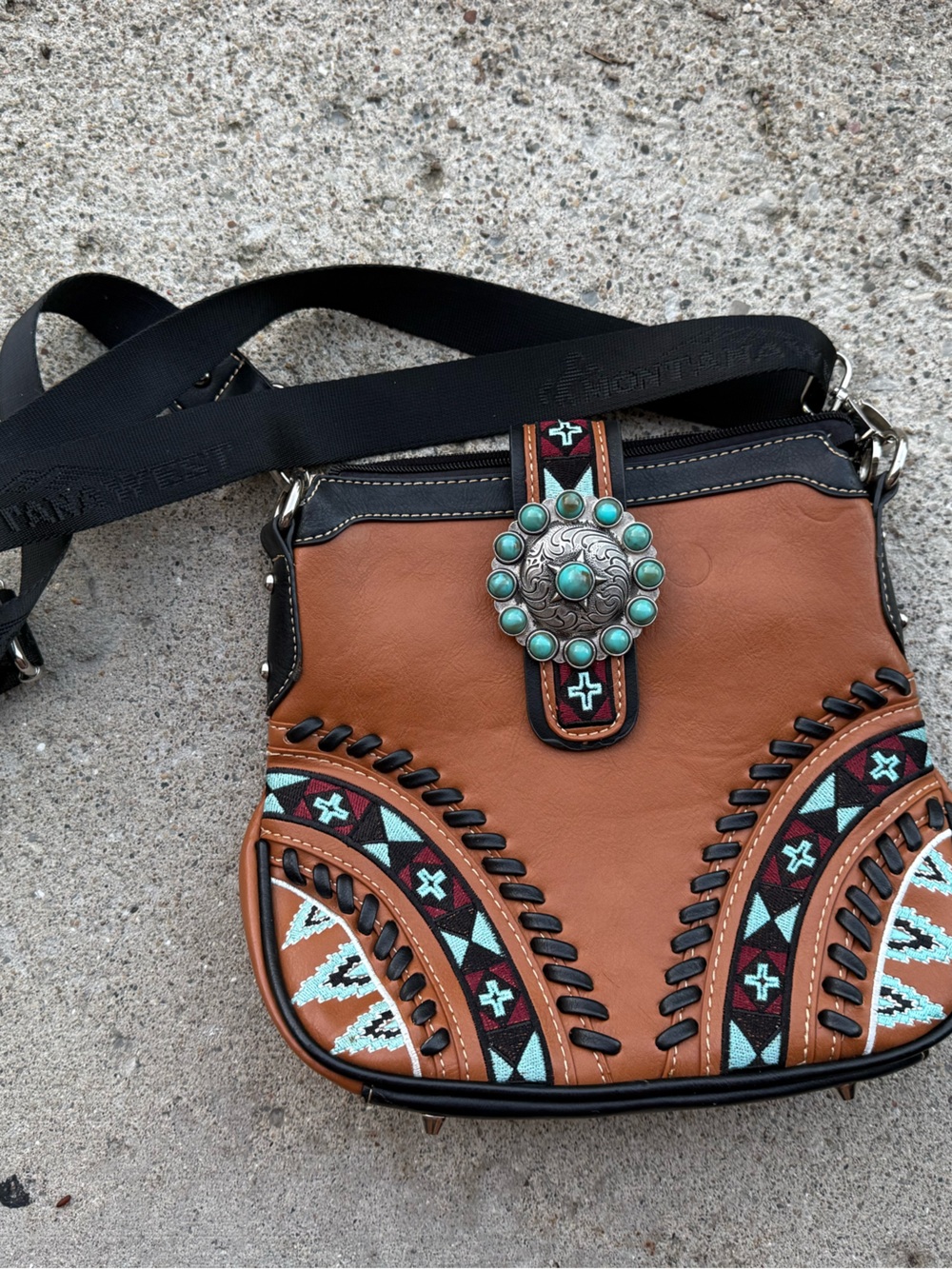 Montana West Brown Crossbody with Turquoise Concho and Aztec Embroidery